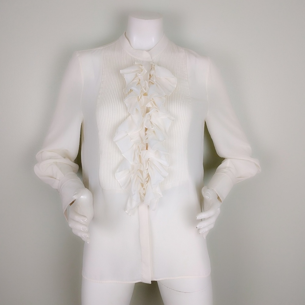 Vintage CHLOE 🎉HP🎉 Ivory Silk Ruffle Tuxedo Blouse 40 S